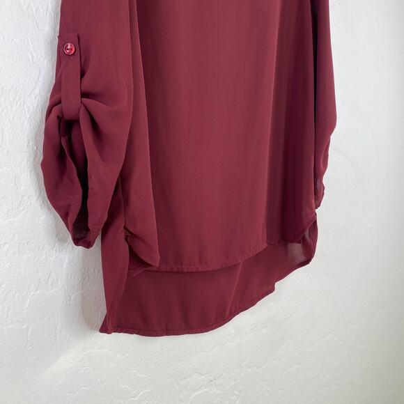 Hippie Rose BURGUNDY Red Wine Roll Tab Sleeve Top Blouse Popover L Large NEW NWT - Picture 3 of 8